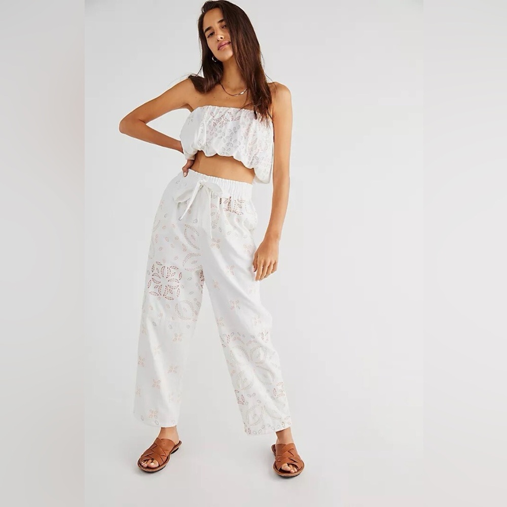 Free People White Eyelet Cropped Wide-Leg Pants
